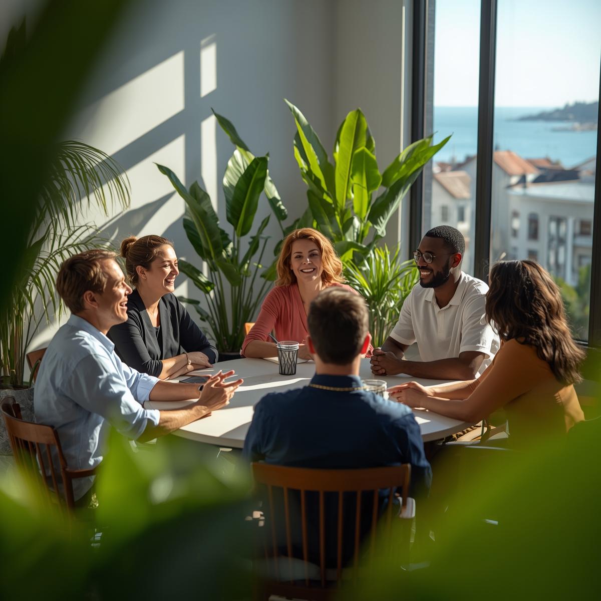 Small diverse group of adults sitting at a round table in warm light, connecting and smiling during a group hypnosis coaching session.