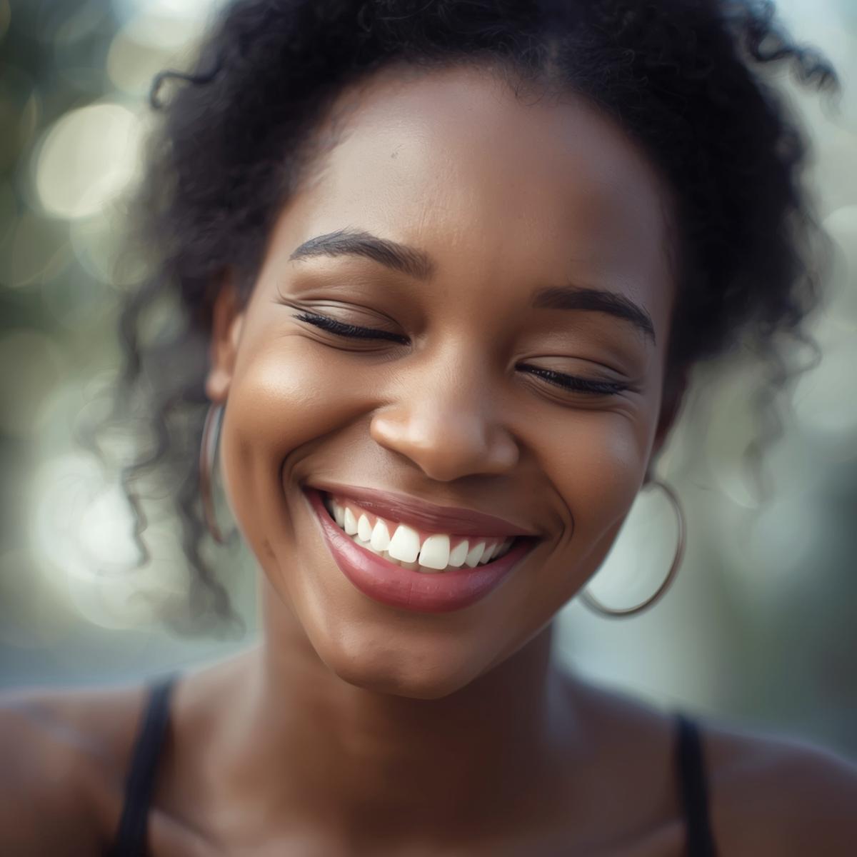 Smiling African American woman with natural hair and eyes closed, experiencing joy and transformation after hypnosis coaching.