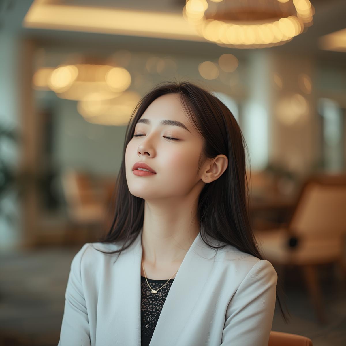 Asian woman sitting peacefully with eyes closed during a private hypnosis coaching session, feeling relaxed and centered.